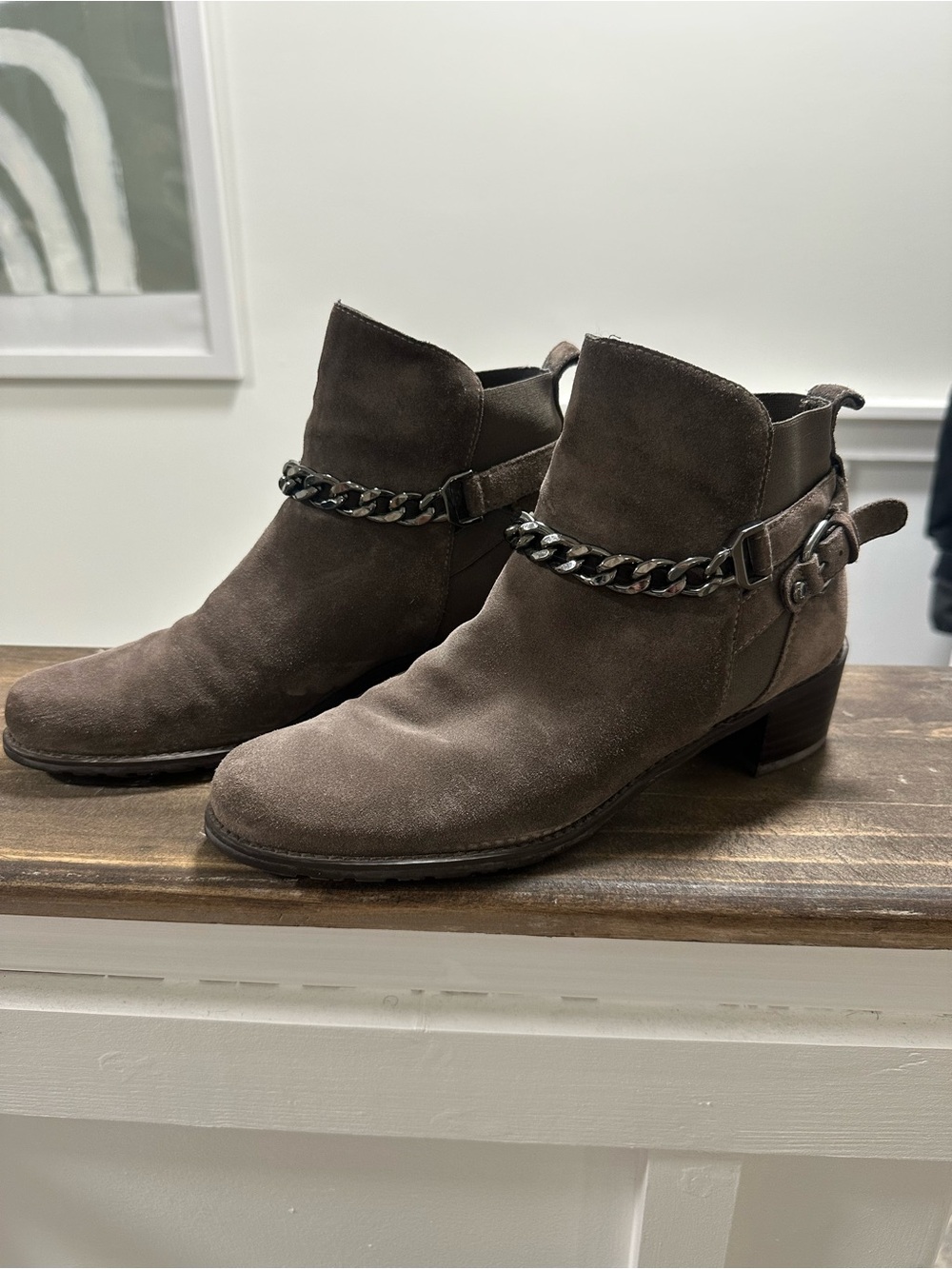 Stuart Weitzman Brown Suede Chain-Trim Ankle Booties